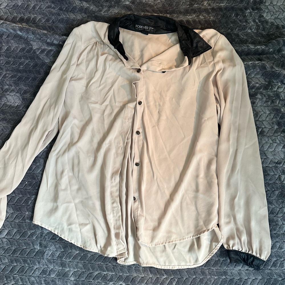 Forever 21 Tan Work Blouse w/ Leather Details